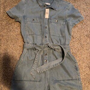 LOFT Blue Denim Romper with Belted Waist
